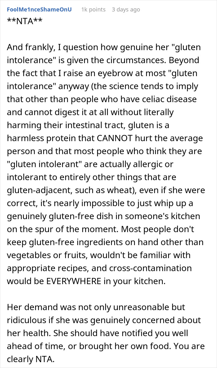 The Internet Backs Up This Woman For Refusing To Cook An Additional Gluten-Free Meal For A Family Friend After She Causes A Scene