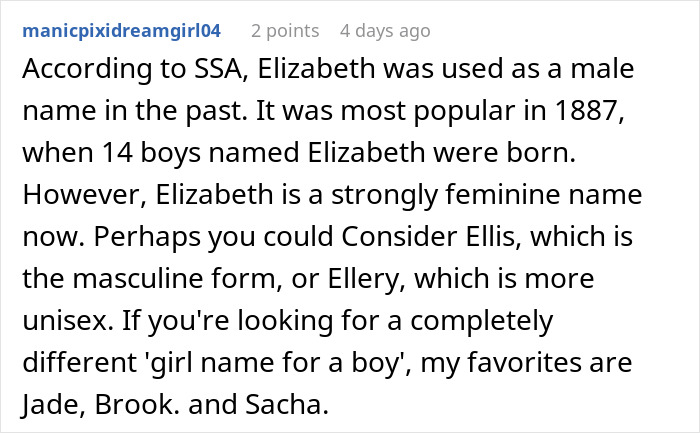 Parent Wants To Name Their Son Elizabeth, Gets A Reality Check Online Parent Wants To Name Their Son Elizabeth, Gets A Reality Check Online