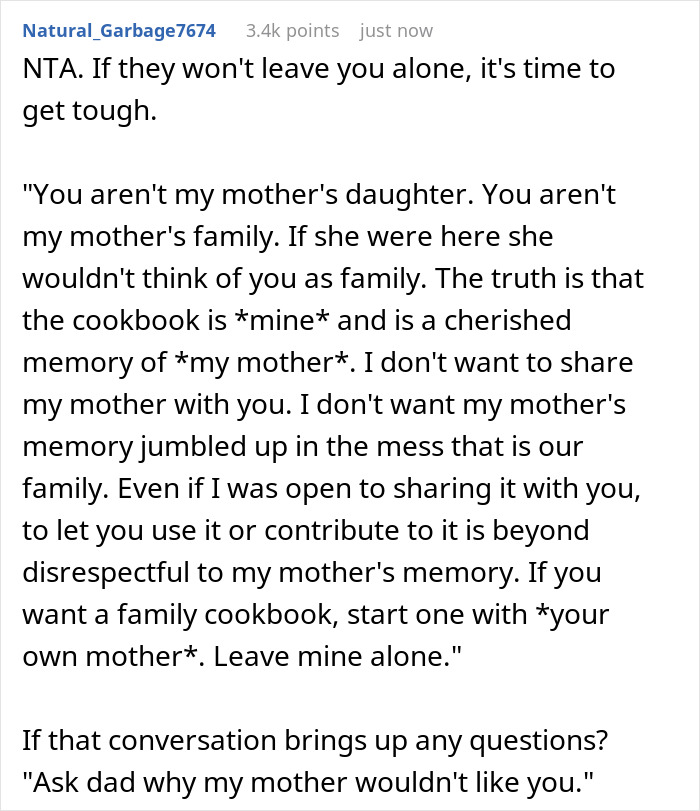Dad Is Angry At Daughter For Not Sharing Late Mom’s Cookbook With Her Half Sister, Who He Had In An Affair Dad Is Angry At Daughter For Not Sharing Late Mom’s Cookbook With Her Half Sister, Who He Had In An Affair