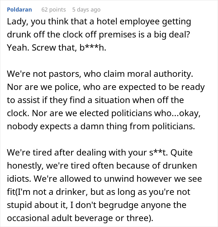 Hotel Guest Livid Seeing Front Desk Employee Drinking In A Bar After Work, Files A Complaint Yet Ends Up Being Put On A 'Do Not Reserve' List Hotel Guest Livid Seeing Front Desk Employee Drinking In A Bar After Work, Files A Complaint Yet Ends Up Being Put On A 'Do Not Reserve' List