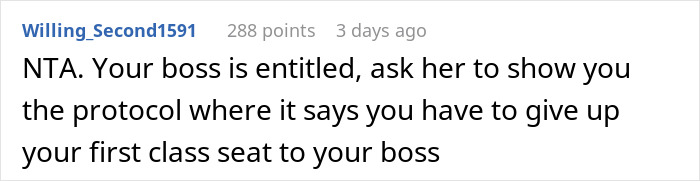 Boss Expected This Employee To Give Up Her 1st Class Seat For Her, Says She Has A "Lack Of Respect For Protocol" When She Doesn't Boss Expected This Employee To Give Up Her 1st Class Seat For Her, Says She Has A "Lack Of Respect For Protocol" When She Doesn't