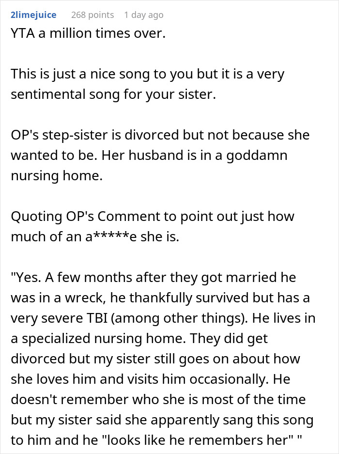 Woman&rsquo;s Husband Can&rsquo;t Remember His Wife After Being In A Wreck, Her Half-Sister Still Refuses To Choose Another Song For Her Wedding Other Than Theirs