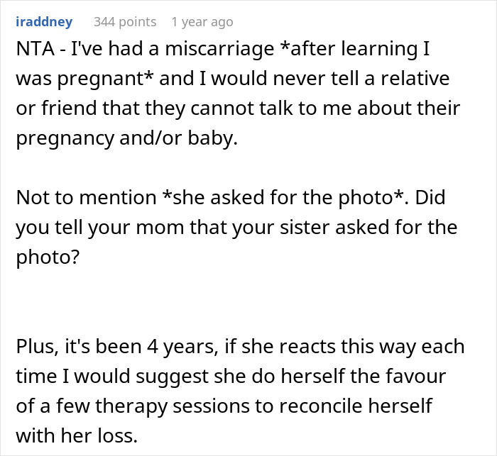 New Mom Sends Her Daughter’s Picture On Sister’s Request, Gets Called A Jerk Since She Had A Miscarriage 4 Years Ago New Mom Sends Her Daughter’s Picture On Sister’s Request, Gets Called A Jerk Since She Had A Miscarriage 4 Years Ago