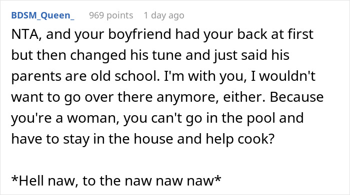 Woman Was About To Check Out In-Laws' New Pool, Only To Learn Women Are Not Allowed To Use It, Refuses To Ever Come Back Woman Was About To Check Out In-Laws' New Pool, Only To Learn Women Are Not Allowed To Use It, Refuses To Ever Come Back