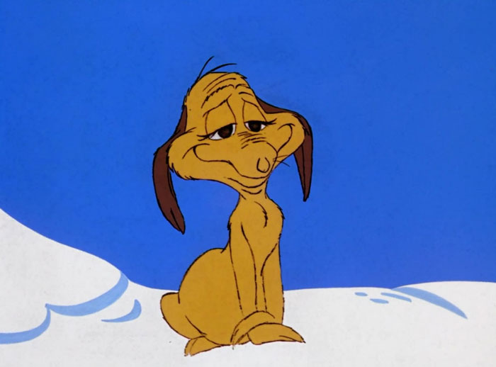 Cartoon dog sitting on snow, looking adorable, with floppy ears and a content expression.