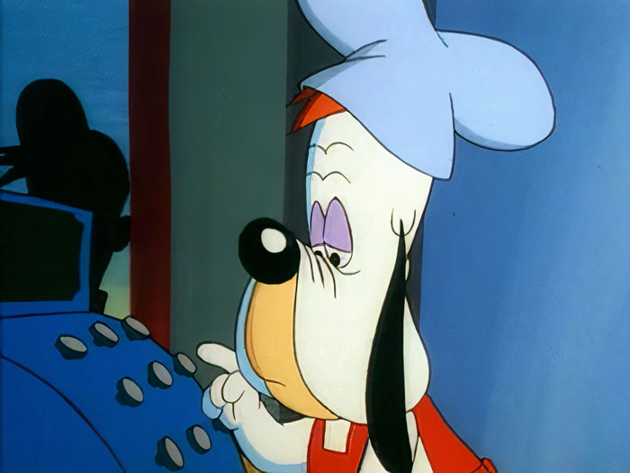 Cartoon dog in a chef hat pressing buttons, embodying cuteness.
