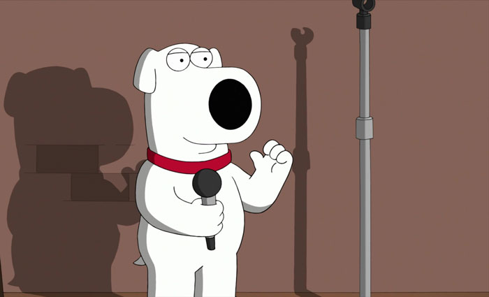 Cartoon dog holding a microphone, standing in front of a brown background, ready to perform.