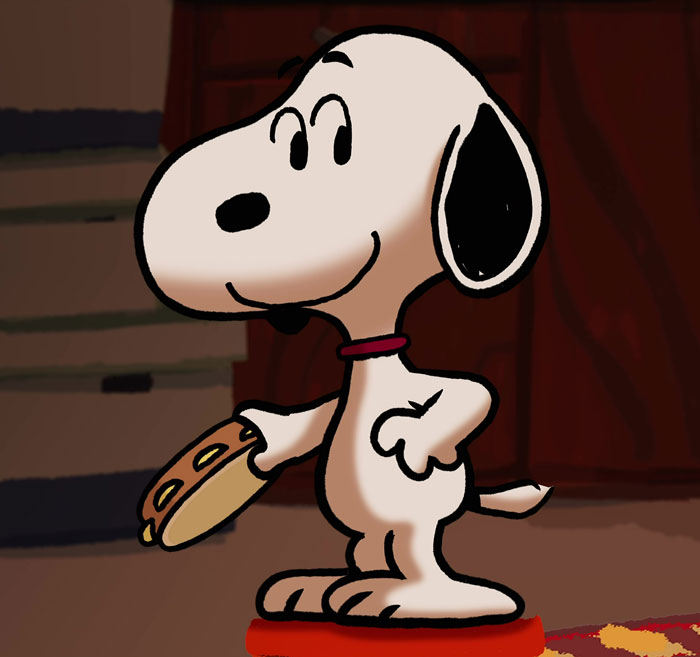 Cartoon dog holding a cookie, wagging its tail happily in a cozy room.