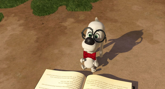 Cartoon dog with glasses and red bowtie reading a book.
