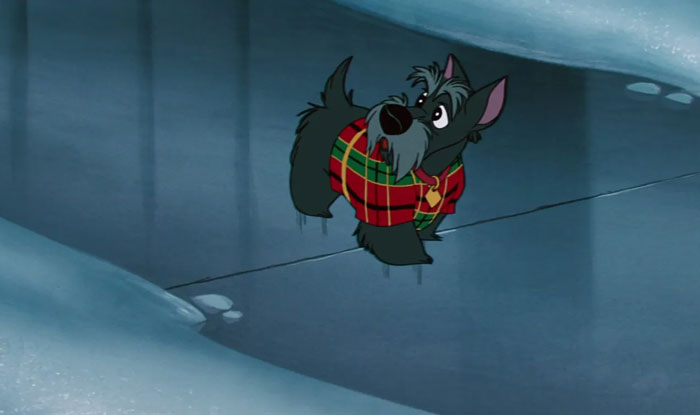 Cartoon dog in a plaid coat on an icy surface, showcasing cute and charming expression.