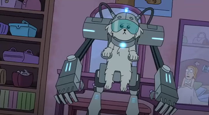 Cartoon dog wearing a robotic suit with glowing lights, standing in a room with shelving and posters.