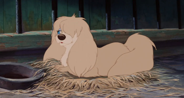 Cute cartoon dog with fluffy fur, resting on a straw bed in a cozy environment.