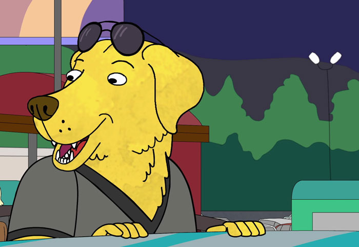 Cartoon dog wearing sunglasses on head, sitting at a table in a colorful diner setting.