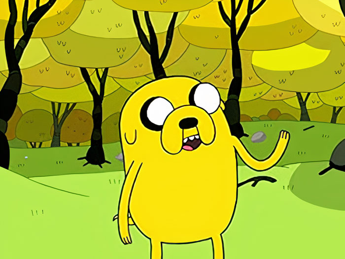 Cartoon dog standing in a vibrant forest, showcasing its cute and playful expression.