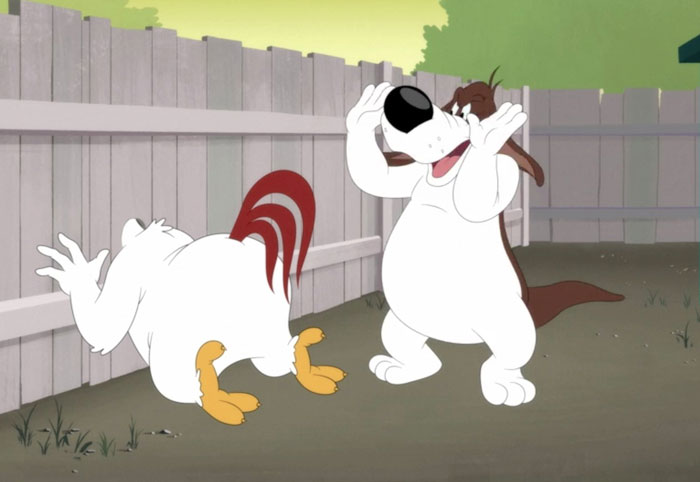Cartoon dog looking surprised at a chicken upside down near a wooden fence.