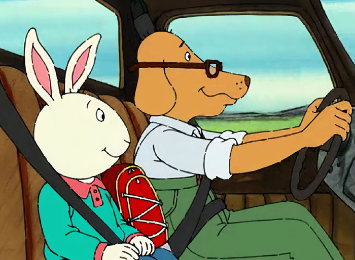 Cartoon dog driving a car with a rabbit passenger, showcasing cuteness.