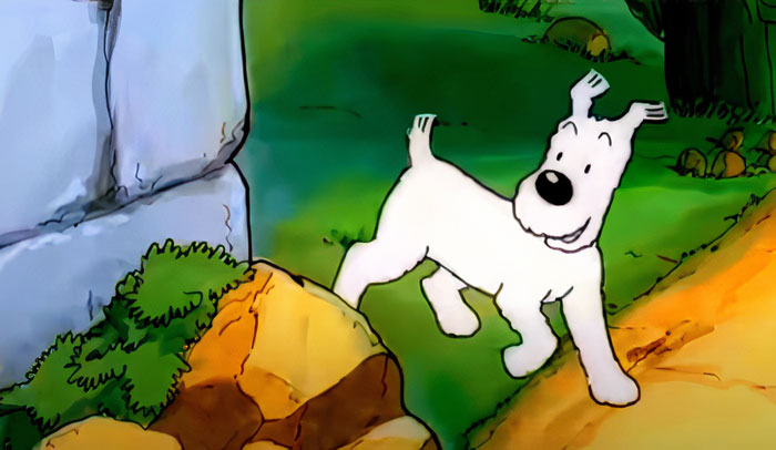 Cartoon dog exploring a lush, colorful garden path, showcasing its adorable charm.