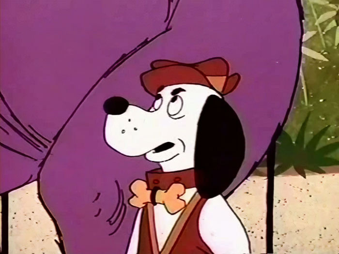 Cartoon dog in a detective outfit, facing left against a vibrant background.