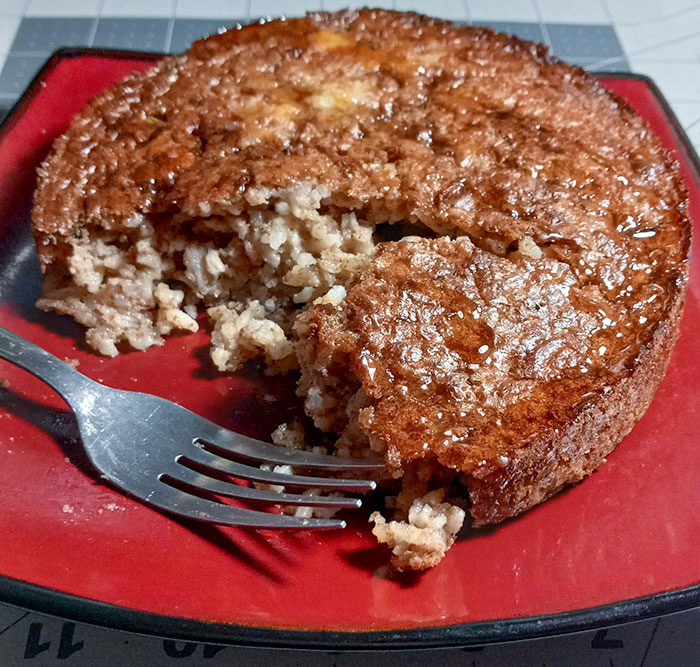 The Rick Cake I Constructed From Leftover Rice Porridge, One Egg, Milk, Vanilla Extract, All Spice, Cinnamon, Sugar, And Baking Powder. Mix And Toss Into The Air Fryer For 35 Minutes