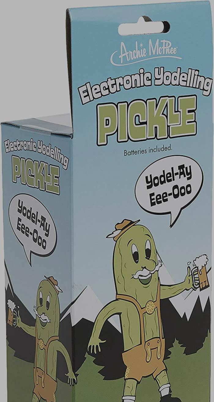 yodelling pickle in the blue package 