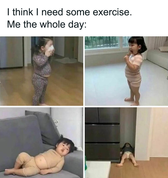 Four-panel meme of a child indoors, humorously portraying a lack of exercise.