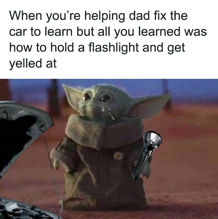 Baby Yoda meme about helping with car repairs, illustrating a relatable struggle.