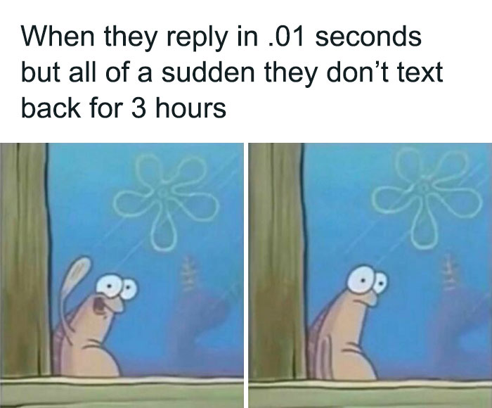Relatable meme with cartoon, showing fast reply then slow text response.
