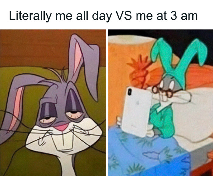 Cartoon character showing tiredness during the day and alertness at 3 AM, illustrating relatable memes.