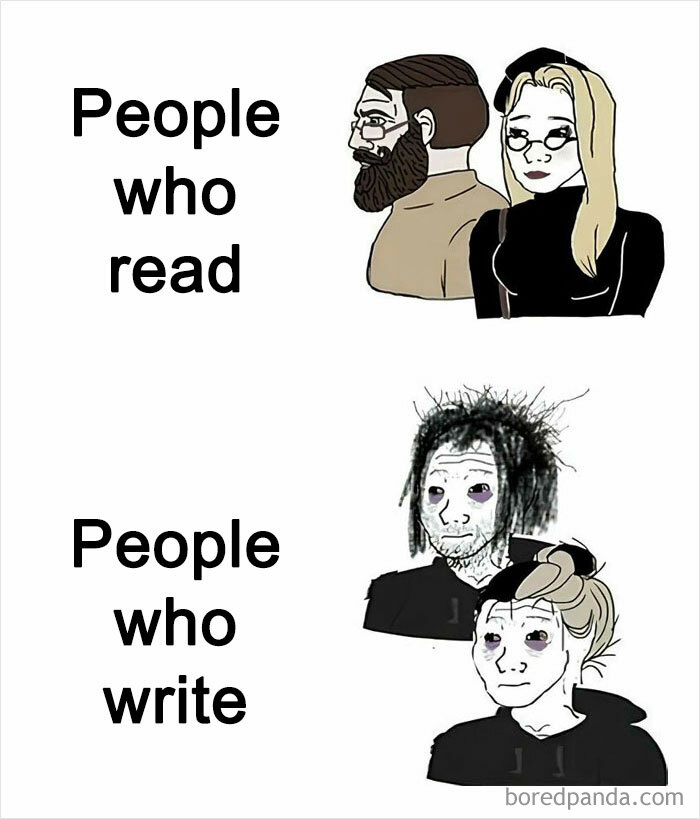 Two-panel meme comparing "People who read" and "People who write," shared in a funny nerd Facebook group.