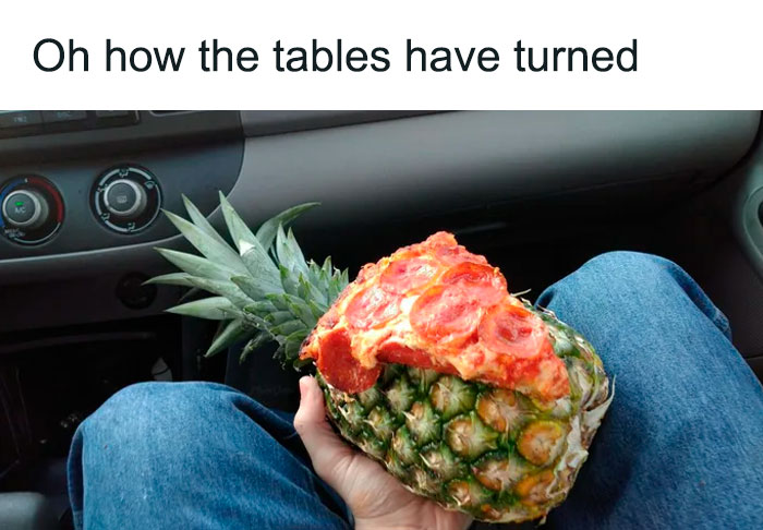 Pineapple with pizza slice on top in a car, featuring a humorous twist for nerd memes.