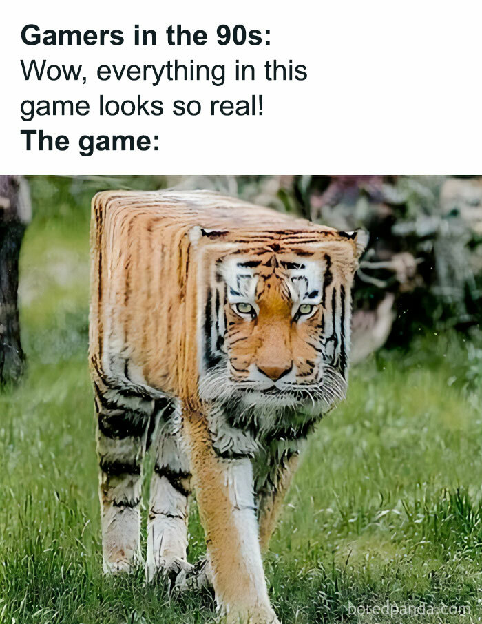 A distorted tiger meme humorously depicting retro game graphics for inner nerds.