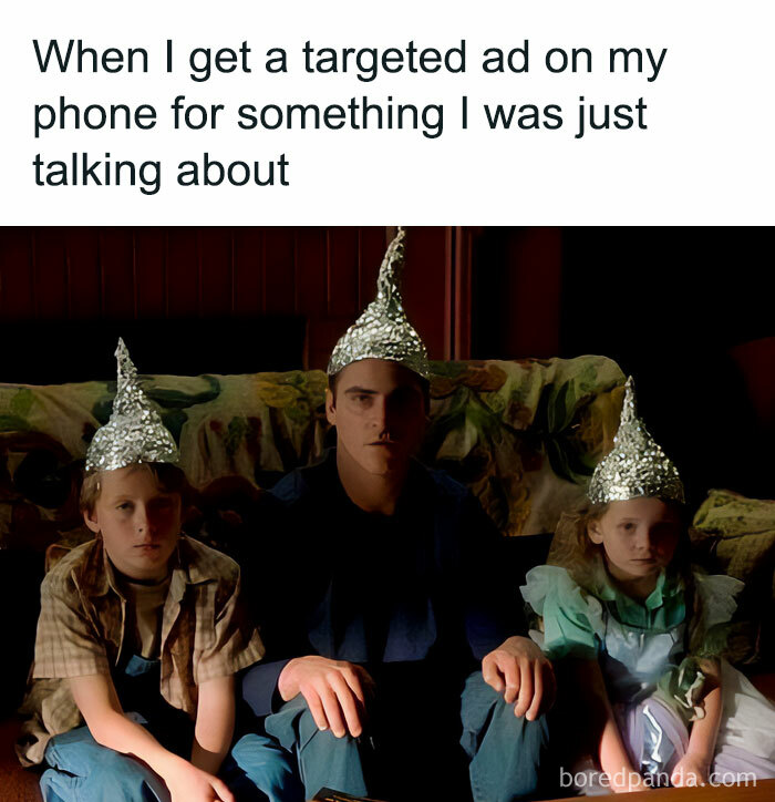 Three people wearing foil hats, illustrating a nerdy meme about targeted ads and privacy concerns.