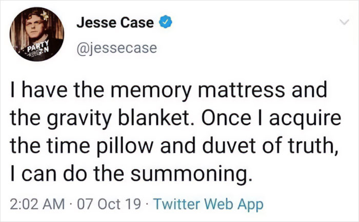A humorous nerd meme about memory mattress, gravity blanket, and the summoning ritual.