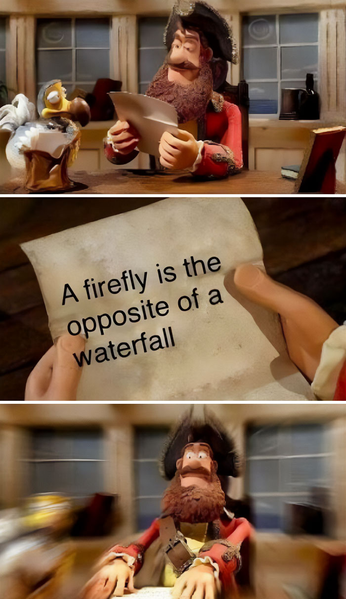 Pirate reads funny note: "A firefly is the opposite of a waterfall." Hilarious memes for nerds.