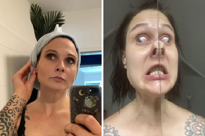 Funny before and after pics of a woman, one with a towel on her head, the other making a humorous face in the mirror.
