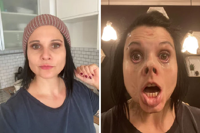 Funny before and after pics showing the same person with different facial expressions in a kitchen and home setting.