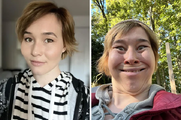 Funny before and after pics of the same person, showing different expressions and settings.