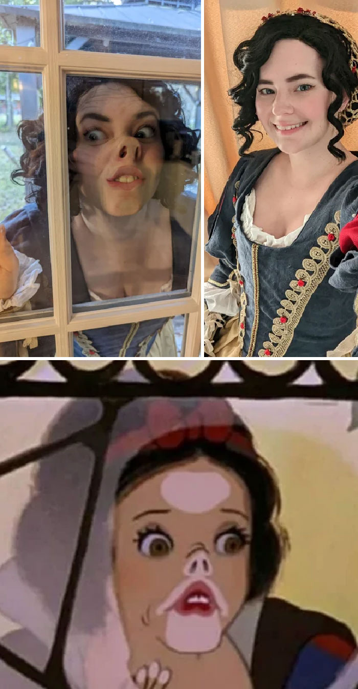 Funny before and after photo showing a woman with her face squished against glass and then dressed in a costume.