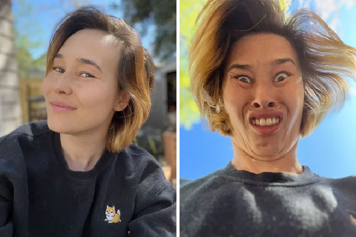 Funny before and after pics showing the same person with humorous expressions outdoors.