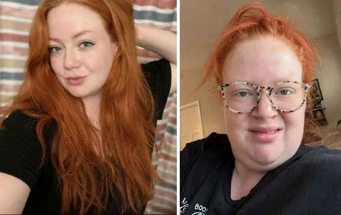 Funny before and after pics showing same person with red hair, one glammed up and one casual with glasses.