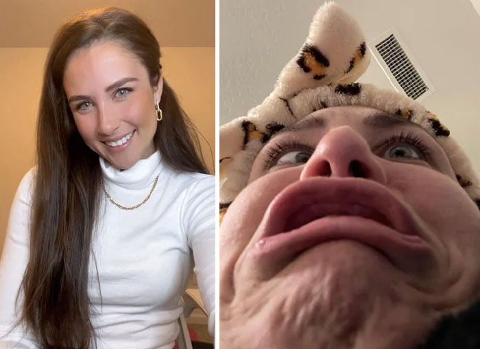 Funny before and after pics showing the same person with a glamorous and silly expression.