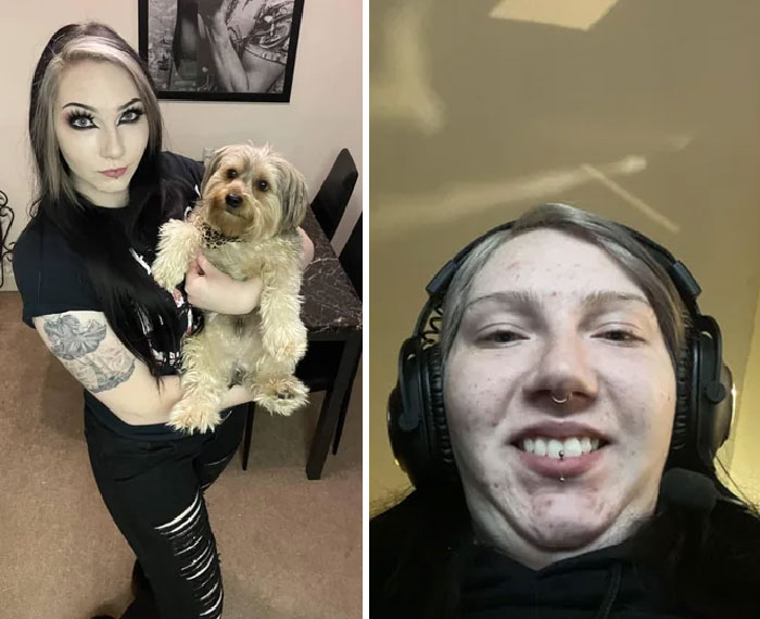 Before and after transformation with a woman holding a dog and then wearing headphones, highlighting funny changes.