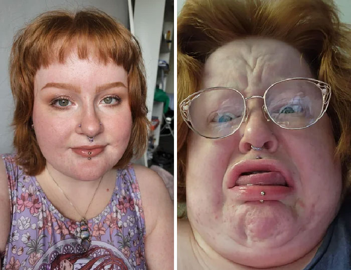 Funny before and after of the same person, showing a calm and a humorous expression with glasses and piercings.