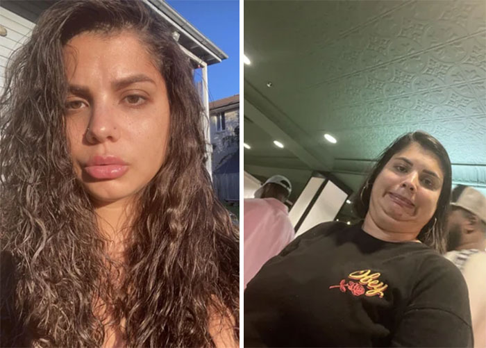 Two funny before-and-after photos of the same person with different expressions and settings.