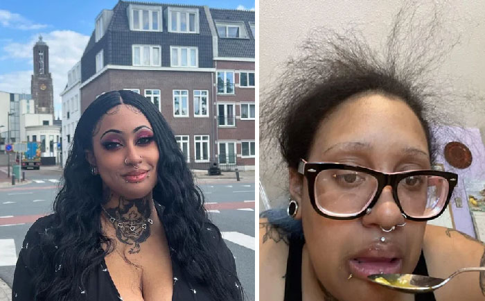 Funny before and after pics showing a person outdoors with styled hair and makeup, and indoors with glasses and messy hair.