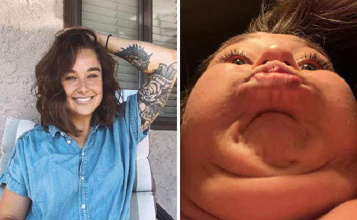 Funny before and after pic showing the same person with a tattoo, in different facial expressions.