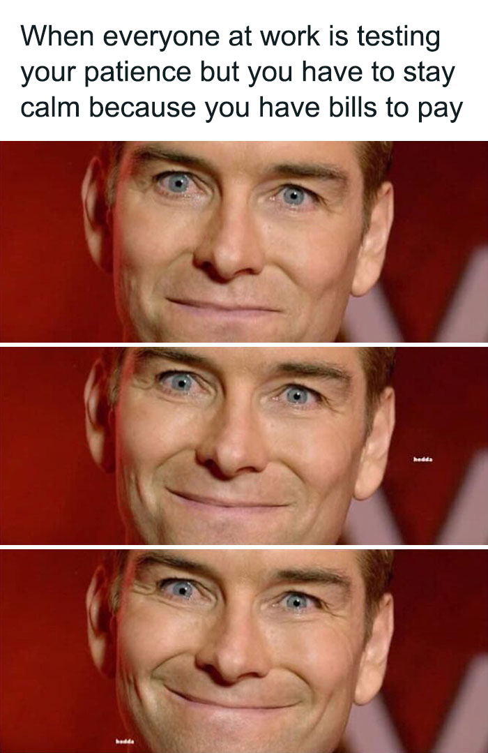 Man humorously trying to stay calm at work, illustrating a relatable office life meme.