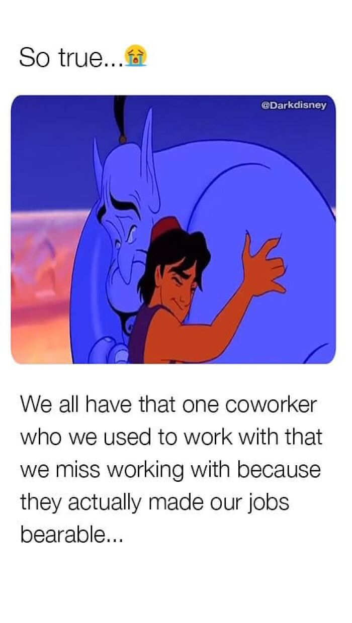 Cartoon character hugging another to illustrate the humor of missing a helpful coworker in office life.