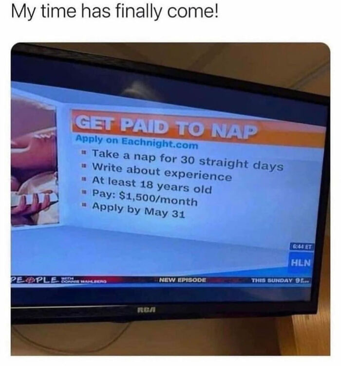 TV screen showing a "Get Paid to Nap" job offer, humorous office life meme.