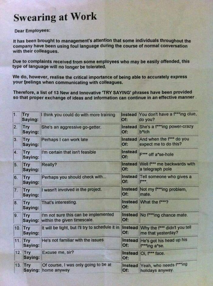 List of funny office life wording alternatives to swearing, with a focus on replacing inappropriate language in the workplace.